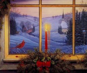 yapboz Noel mumlar bir pencere önünde yaktı
